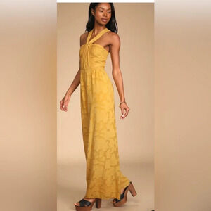 NWT Lulus Lovely Celebration Yellow Floral Burnout Chiffon Jumpsuit Size Large